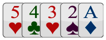 Пятерка-лоу или колесо. Пятерка, четверка, тройка, двойка и туз